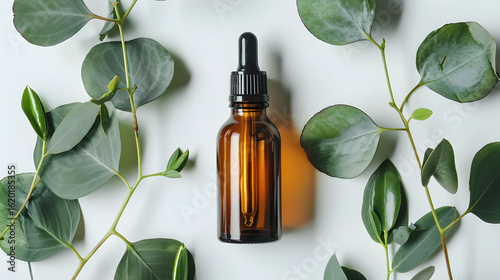 Amber Dropper Bottle with Eucalyptus Leaves on White Background, in high resolution clean minimal style stock photo illustration background image ideal for templates advertisements and web banners sho