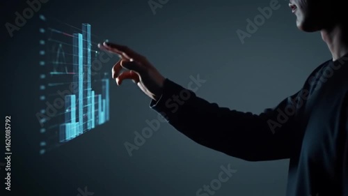 Anonymous person interacting with glowing 3D holographic bar chart loop