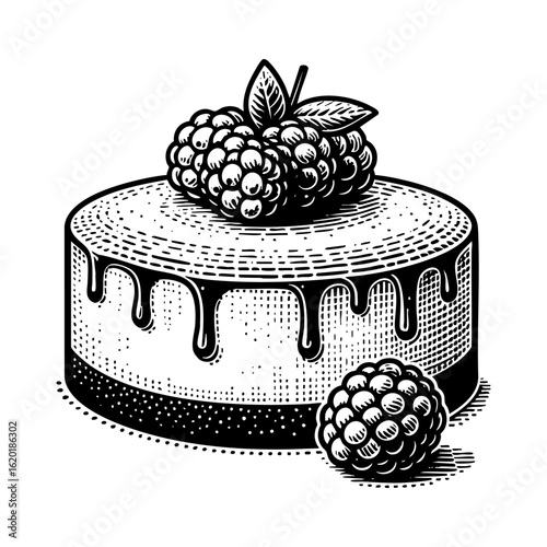 cheesecake with raspberry topping in the old ink style