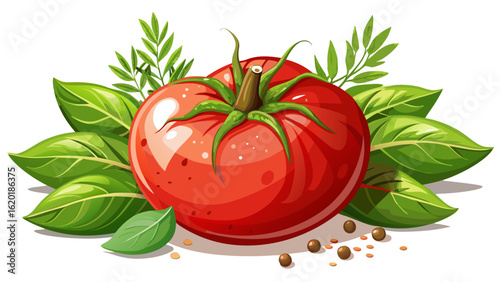 This fresh tomato, herbs and spices on white background. File blends flavor and beauty in simplicity. Semi-realistic highlights reveal natural gloss, delicate greens, and the essence of wholesome ingr