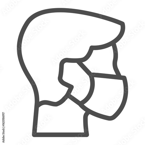 Man head with antibacterial mask line icon, safety workwear concept. Vector graphics. Boy face with disposable mask sign on white background, outline style icon for mobile or web design.