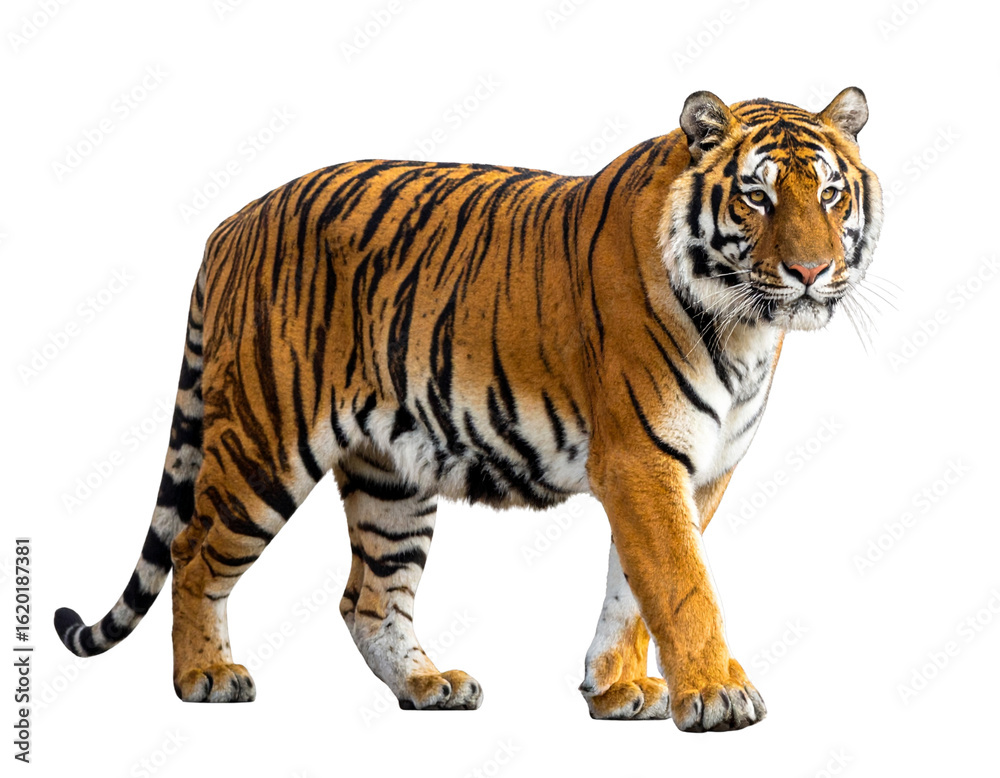Fototapeta premium Rear Three-Quarter View of Tiger Walking Away with Turning Head, Isolated PNG