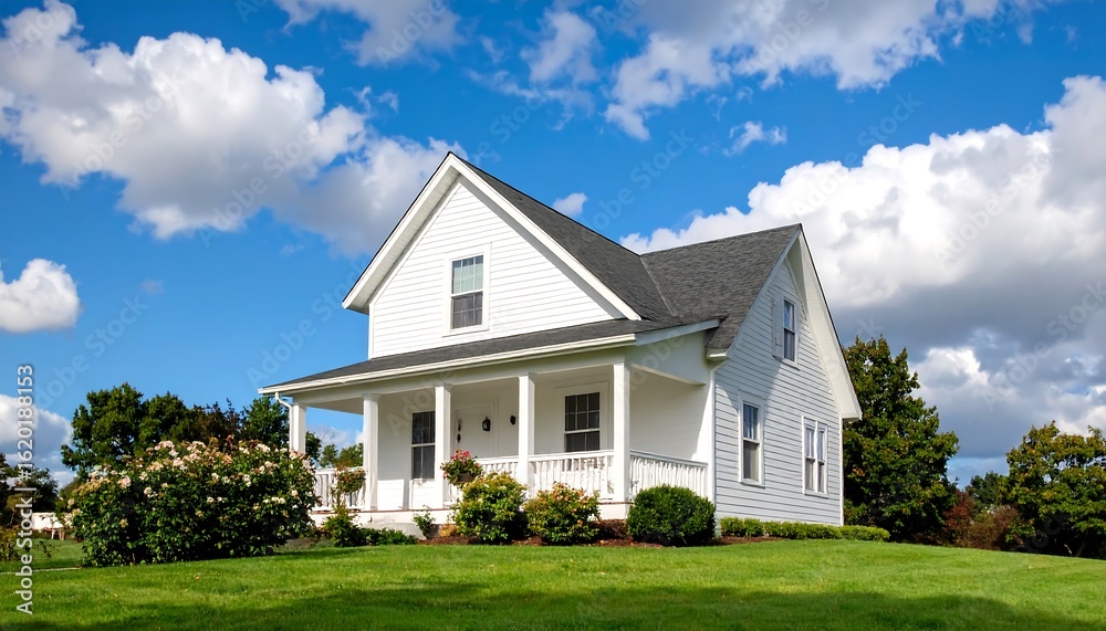 Obraz premium White farmhouse on a sunny day.