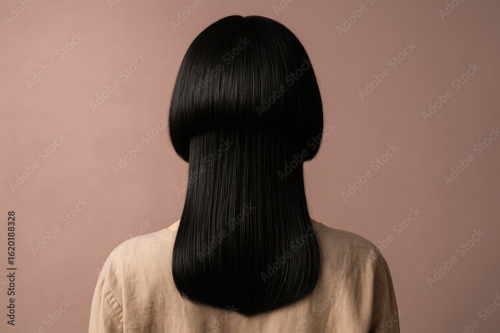 Fototapeta premium A woman with long, straight black hair is seen from the back. She wears a light-colored sweater against a soft pink background.