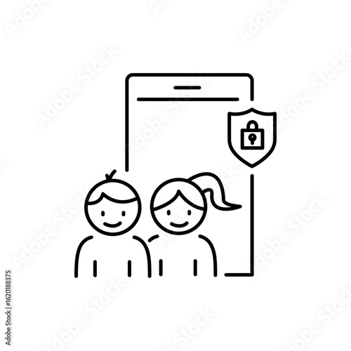 Children control in social, kid safety icon, cyber disorder protection, internet addiction problem, phone access for child, thin line symbol isolated on white background, editable stroke