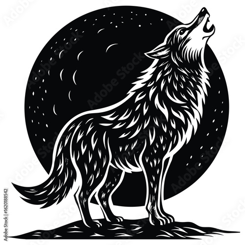 Monochrome wolf howling at the moon illustration in vector format