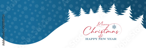 Chrismas banner design with winter landscape, pine forest illustration. Winter holidays concept card design to use for merry christmas greetings, winter advertising, happy new year card.