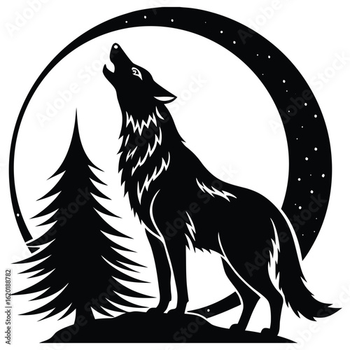 Lone Wolf Howling at the Moon in a Forest Silhouette Illustration