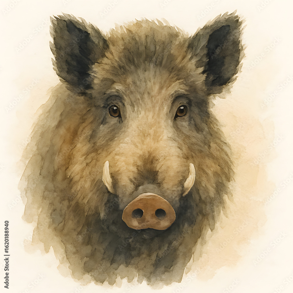 Fototapeta premium Intense Wild Boar Watercolor Painting – Forest Creature Art