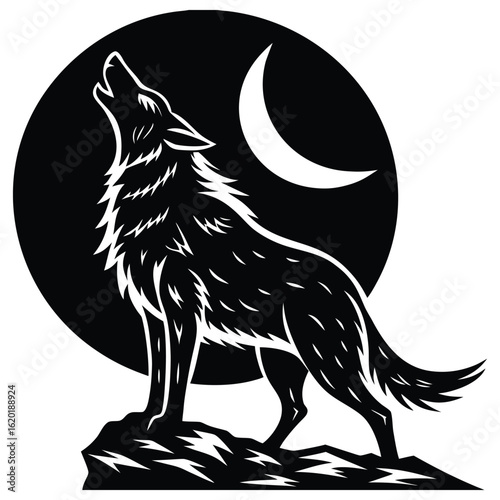 Silhouette of a wolf howling at the moon on a rocky outcrop