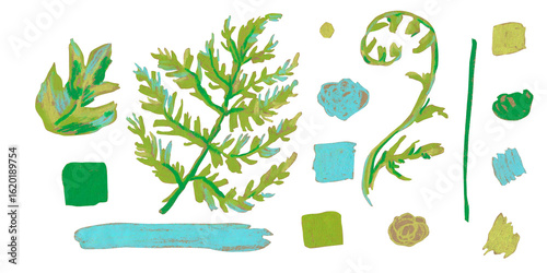 Minimalist botanical illustration created with wax crayons and oil pastels. Abstract green and blue leaves on a white background with hand-painted texture, perfect for modern floral prints,invitations