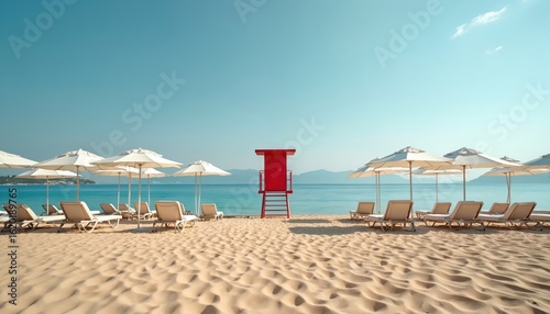 Serene Croatian beach scene. Red lifeguard tower stands on golden sand. Numerous umbrellas, lounge chairs await visitors. Calm blue ocean meets distant hills under clear sky. Peaceful summer vacation