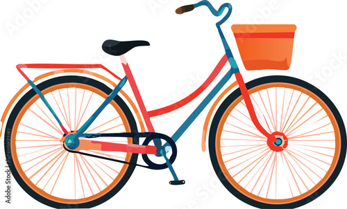 A colorful illustration of a classic city bicycle with a front basket and rear rack.