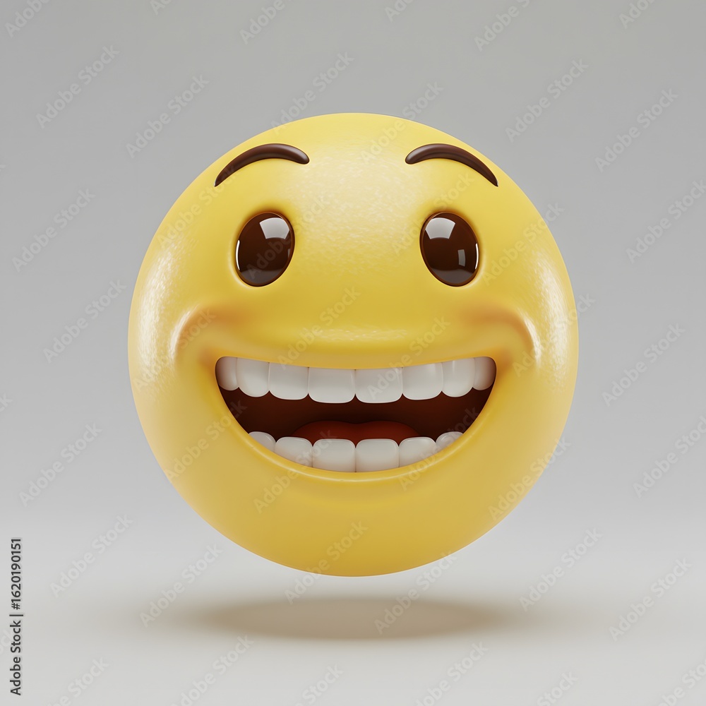 Fototapeta premium Smiling Emoji - 3D Rendered Yellow Face with Big Smile, Happy Expression