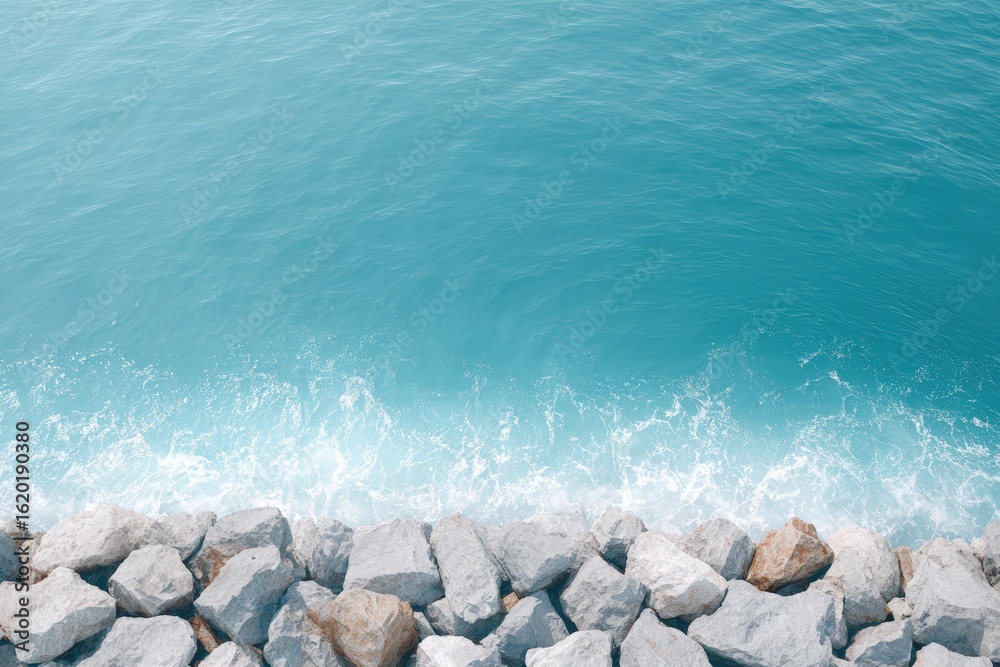 Tranquil shoreline with smooth stones and gentle waves lapping against the rocky coast, creating a serene coastal atmosphere and inviting relaxation