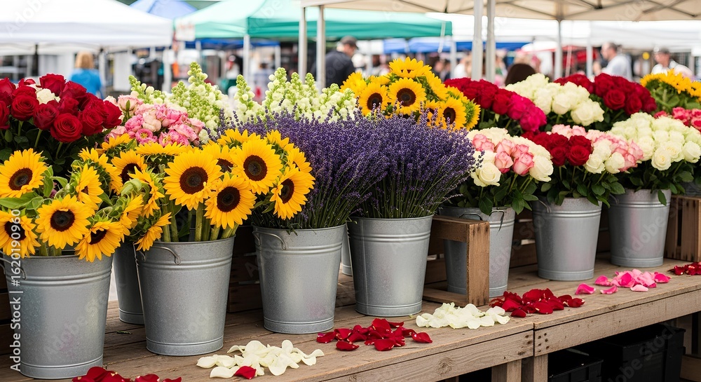 Fototapeta premium Vibrant display of colorful flowers like sunflowers and lavender for sale at a local outdoor farmers market stall.