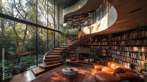 Architectural modern library with spiral staircase, floor-to-ceiling bookshelves, leather lounge chairs, and large windows overlooking a lush green garden.

