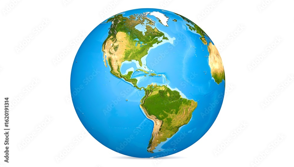 Fototapeta premium Detailed 3D render of planet Earth showcasing the Americas from space on white