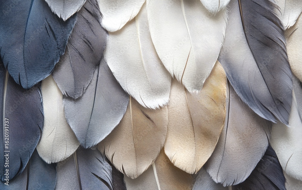 Obraz premium A close-up of a blue and white feather reveals the intricate texture, delicate pattern, and fine details of its textile-like structure, perfect for fashion or decoration
