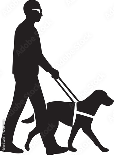 Silhouette of a person with glasses walking a guide dog on a leash woman