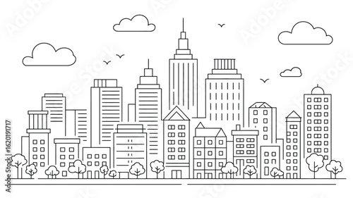 Minimalist line art cityscape with buildings and clouds