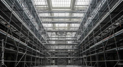 Extensive Scaffolding Structure Inside a Building Under Construction with Skylight