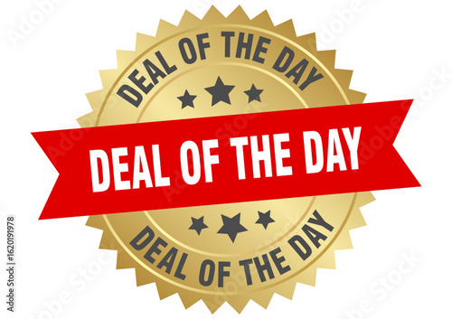 deal of the day. deal of the day round red and gold label isolated on transparent background