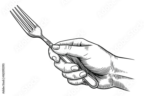 Hand holding a fork in vintage engraving style