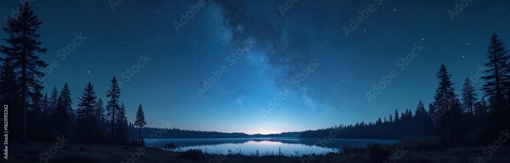 Fototapeta premium Starry night sky above serene forest, tranquil lake. Countless twinkling stars form Milky Way galaxy. Pine trees silhouette against vast cosmos. Reflecting water creates peaceful, awe-inspiring