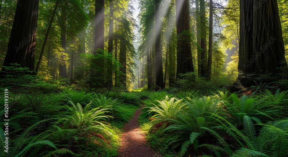 Fototapeta premium Enchanting Forest Path Sunlight Through Redwood Trees