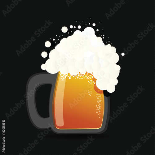 Vector illustration of a frothy beer mug on a dark background. Realistic golden beer with bubbles and foam, perfect for bar menus, Oktoberfest designs, and brewery promotions.