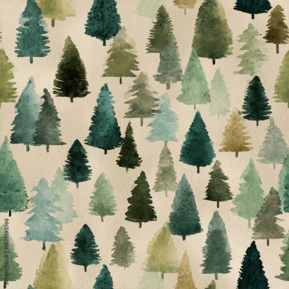 Obraz premium Beautiful watercolor pattern featuring various evergreen trees in shades of green and brown, creating serene and natural atmosphere. Perfect for nature themed designs