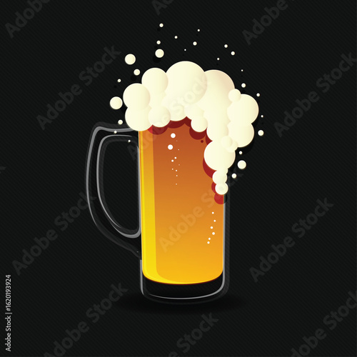 Vector illustration of a frothy beer mug on a dark background. Realistic golden beer with bubbles and foam, perfect for bar menus, Oktoberfest designs, and brewery promotions.