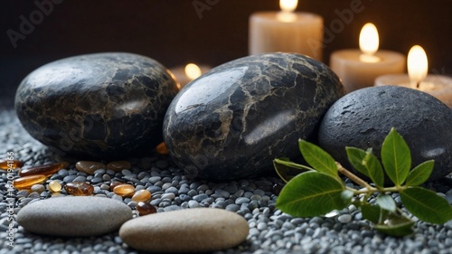 Spa relaxation scene with smooth stones and glowing candles arranged in a peaceful setting to evoke calm, balance, and serenity for wellness and self-care rituals
