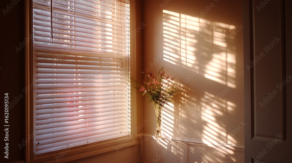 Fototapeta premium Sunlight streams through blinds creating patterns on the wall with a bouquet of dried flowers in the corner