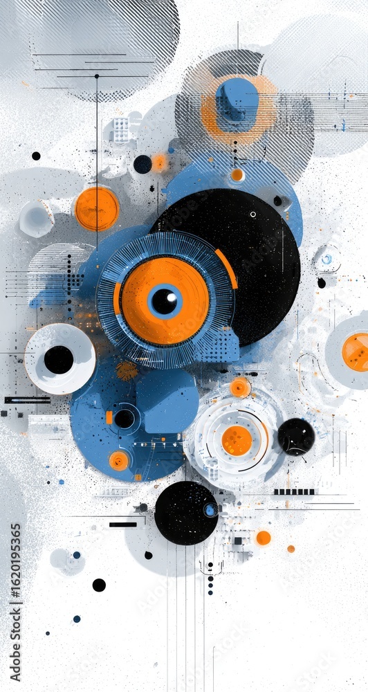 Obraz premium Abstract composition featuring overlapping circles in shades of blue, orange, black, and white; incorporates eye-like forms and geometric lines, creating a complex, layered effect