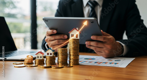 Fototapeta Naklejka Na Ścianę i Meble -  Real Estate Investor Analyzing Property Value Growth. Real estate investor analyzing property value growth with stacked coins, houses, and upward arrows, representing rising mortgage rates, housing.