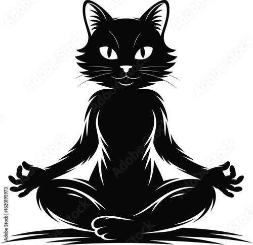 Funny Cute Cat Meditating  Pose, Cartoon Vector Illustration, Transparent Background.