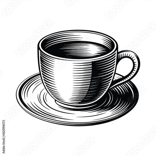 Engraved coffee cup and saucer illustration