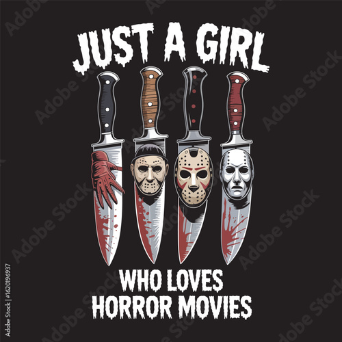 Just a Girl Who Loves Horror Movies T Shirt Design and Horror Movie Knife Wall Art vector illustration.