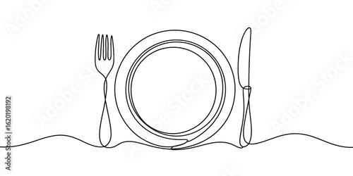 Minimalist single line drawing of a plate fork and knife