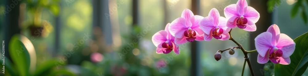 Obraz premium delicate pink orchids thrive in a glass house environment, indoorplants, freshproduce