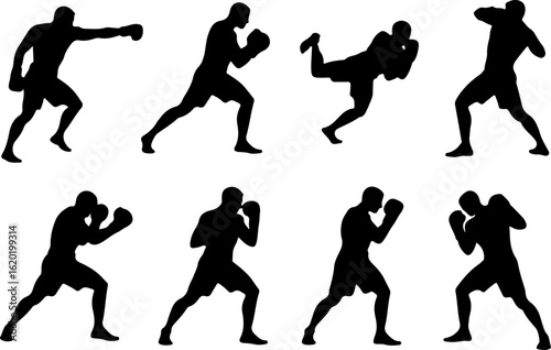 black silhouette vector illustrations depicting a skilled boxer engaged in dynamic shadow boxing routines
