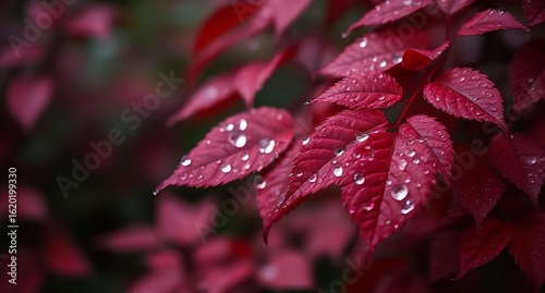 Red leaves glisten with raindrops closeup vibrant color palette shallow depth of field