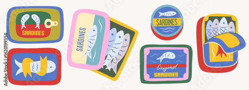Set of Sea food artwork. Canned fish element. Sardines fish artwork for t shirt print, poster, sticker and other uses. Italian la dolce vita background. Mediterranean food cartoon vector illustration.