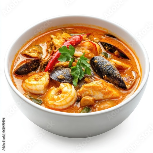 Spicy Thai curry with fried shrimp and vegetables in a white bowl
