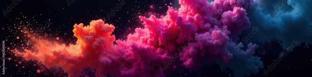 Fototapeta premium Vibrant powder cloud bursts against stark black backdrop, movement, spectrum