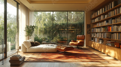 Cozy reading room with modern furniture, floor-to-ceiling bookshelves, and large glass windows overlooking a peaceful garden in natural light.
