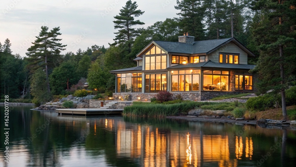Obraz premium Breathtaking evening view of a custom-built home situated perfectly on the edge of a calm lake, its inviting glow casting a radiant reflection on the water. 