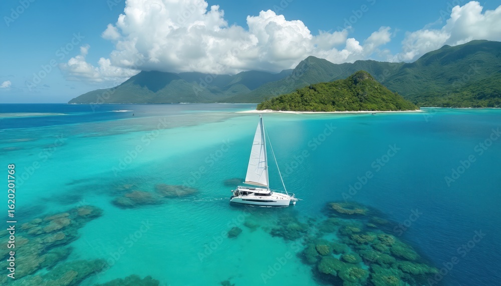 Obraz premium Sailboat navigates clear turquoise water near lush green island with mountains. Aerial view captures tranquil tropical paradise journey, perfect for vacation or luxury travel escape.